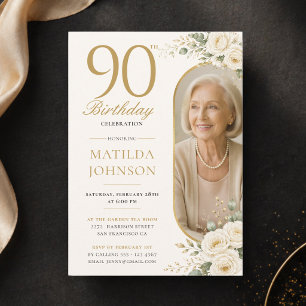 Elegant Floral Gold Custom Photo 90th Birthday Invitation