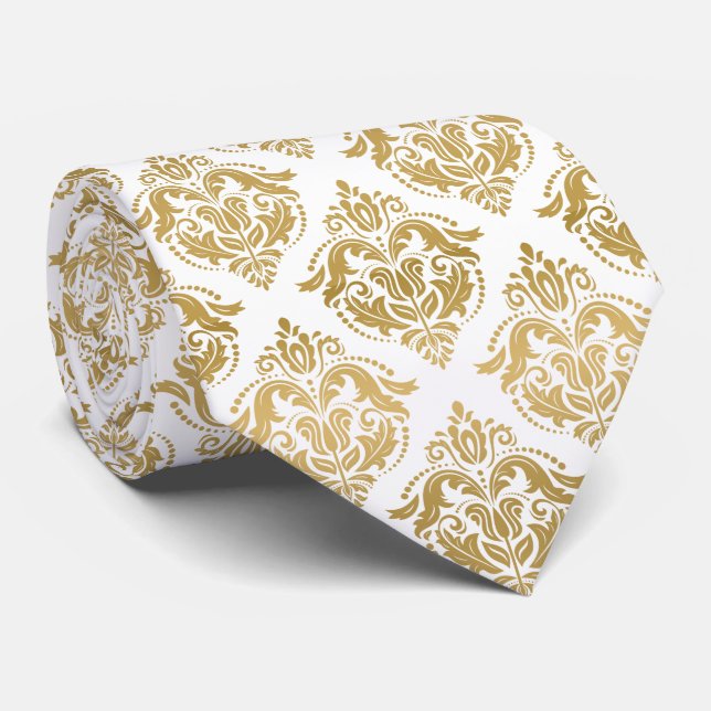 Elegant Floral Gold Damasks Geometric Pattern Tie (Rolled)