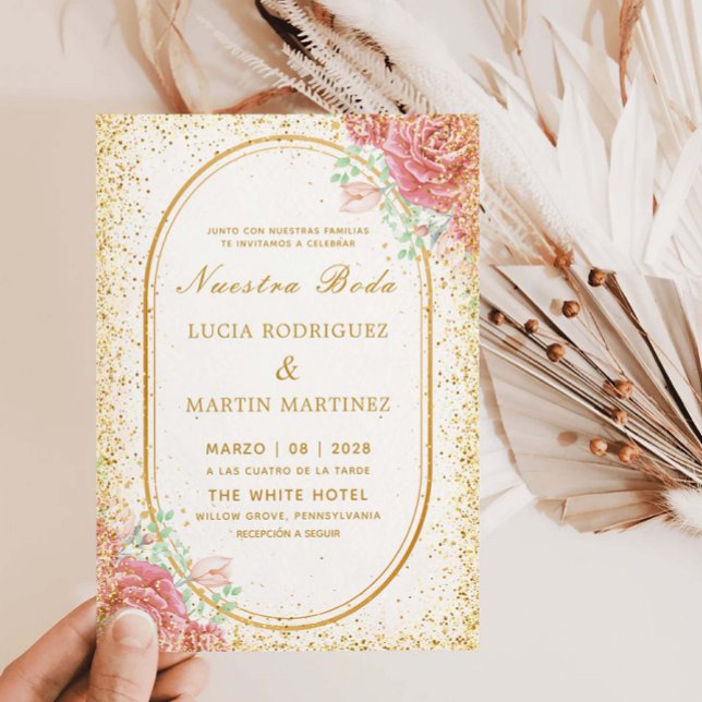 Elegant Floral Gold frame Glitter Nuestra Boda Invitation (Creator Uploaded)