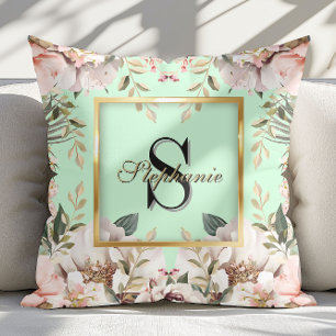 Elegant Floral gold Frame Monogram Light Green Cushion