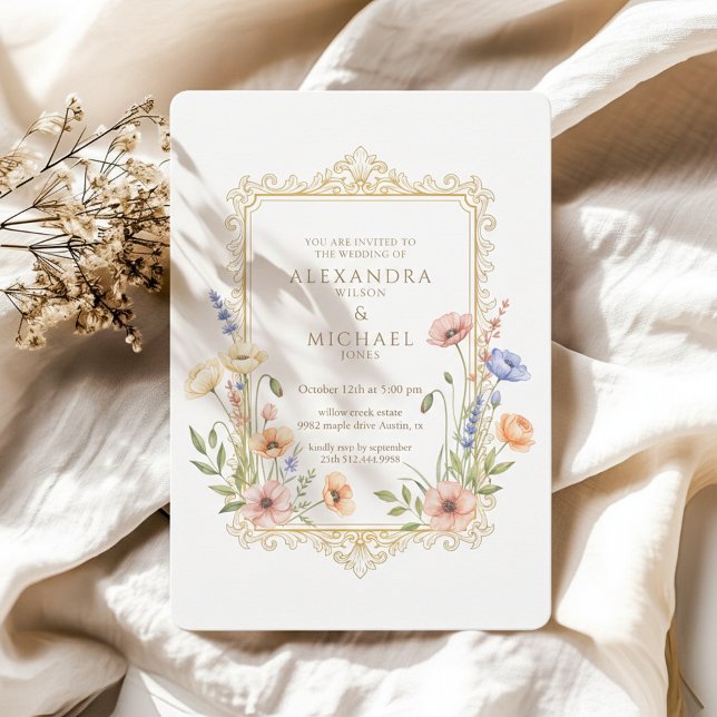 Elegant Floral Gold Frame Wedding Invitation (Luxury floral wedding invitation inspired by classic European elegance)