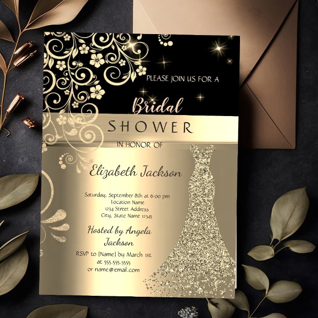 Elegant Floral Gold Glitter Dress Bridal Shower  Invitation (Creator Uploaded)