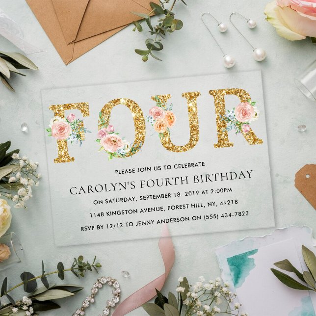 Elegant Floral Gold Glitter FOUR 4th Birthday Acrylic Invitations (Creator Uploaded)