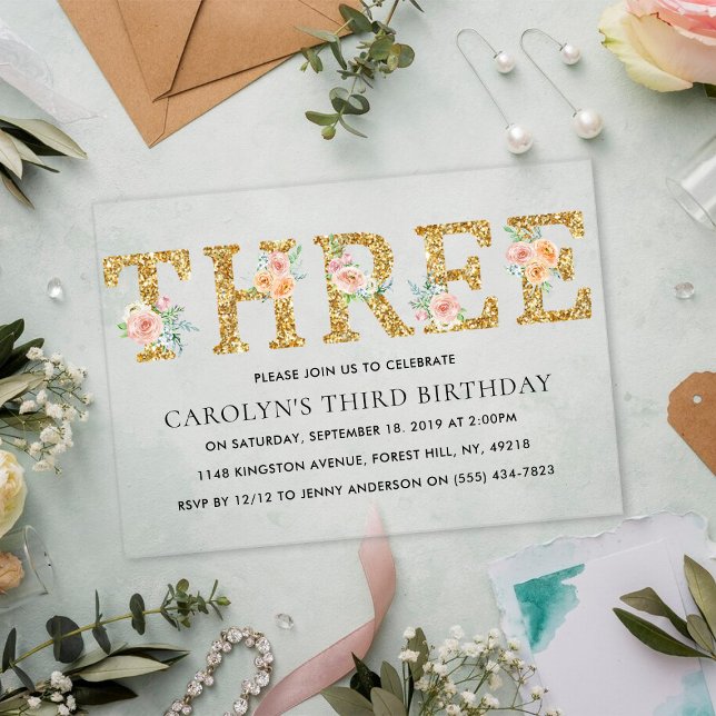 Elegant Floral Gold Glitter THREE 3rd Birthday Acrylic Invitations (Creator Uploaded)