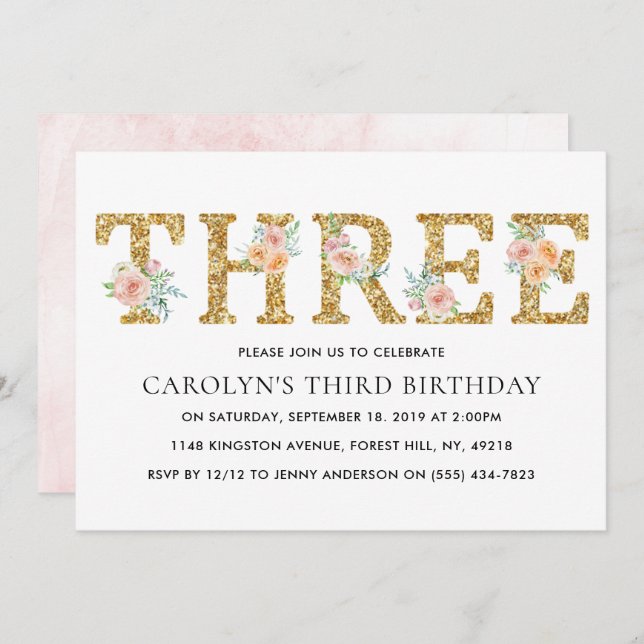 Elegant Floral Gold Glitter THREE 3rd Birthday Invitation (Front/Back)