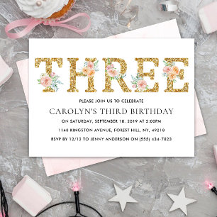 Elegant Floral Gold Glitter THREE 3rd Birthday Invitation