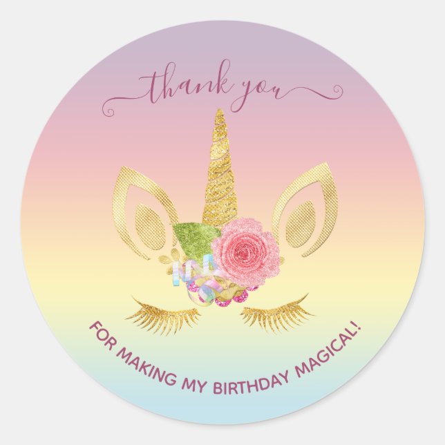 Elegant floral gold glitter unicorn thank you classic round sticker (Front)