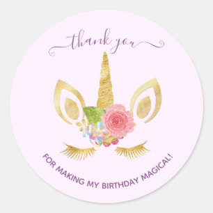 Elegant floral gold glitter unicorn thank you classic round sticker