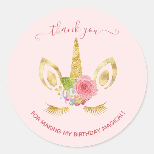 Elegant floral gold glitter unicorn thank you classic round sticker (Front)