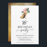 Elegant Floral Gold High Heels 16th Birthday Invitation<br><div class="desc">Modern Elegant Gold Tropical Floral Gold High Heels Sweet Sixteen 16th Birthday Party Invitation featuring our glamourous glitzy watercolor gold high heel surrounded by pink and green tropical flowers. The background is a luxurious watercolor gold wash. Easy to customise with your information for a simply elegant birthday party invitation. Please...</div>
