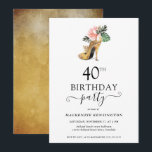 Elegant Floral Gold High Heels 40th Birthday Invitation<br><div class="desc">Modern Elegant Gold Tropical Floral Gold High Heels 40th Birthday Party Invitation featuring our glamourous glitzy watercolor gold high heel surrounded by pink and green tropical flowers. The background is a luxurious watercolor gold wash. Easy to customise with your information for a simply elegant birthday party invitation. Please contact us...</div>