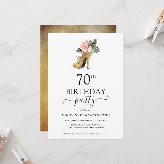 Elegant Floral Gold High Heels 70th Birthday Invitation (Front/Back In Situ)