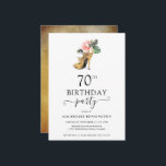 Elegant Floral Gold High Heels 70th Birthday Invitation<br><div class="desc">Modern Elegant Gold Tropical Floral Gold High Heels 70th Birthday Party Invitation featuring our glamourous glitzy watercolor gold high heel surrounded by pink and green tropical flowers. The background is a luxurious watercolor gold wash. Easy to customise with your information for a simply elegant birthday party invitation. Please contact us...</div>