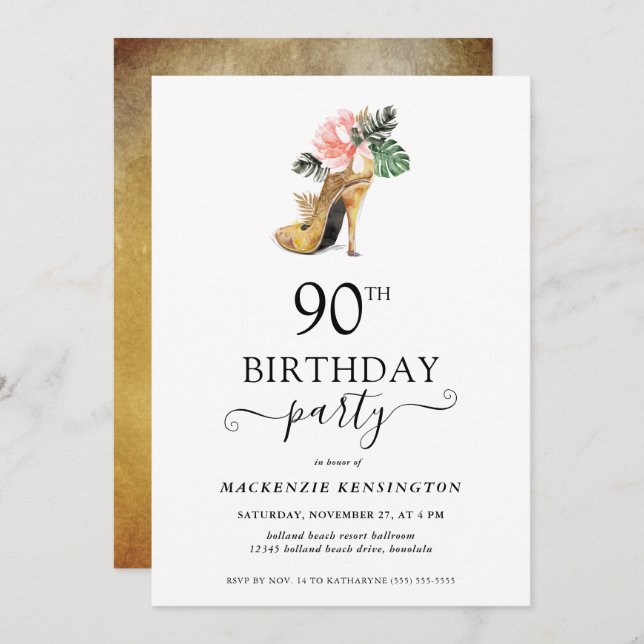 Elegant Floral Gold High Heels 90th Birthday Invitation (Front/Back)
