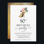 Elegant Floral Gold High Heels 90th Birthday Invitation<br><div class="desc">Modern Elegant Gold Tropical Floral Gold High Heels 90th Birthday Party Invitation featuring our glamourous glitzy watercolor gold high heel surrounded by pink and green tropical flowers. The background is a luxurious watercolor gold wash. Easy to customise with your information for a simply elegant birthday party invitation. Please contact us...</div>