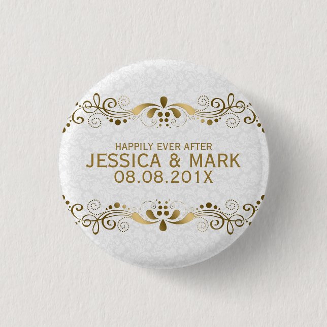 Elegant Floral Gold Lace With White Damasks 2 3 Cm Round Badge (Front)