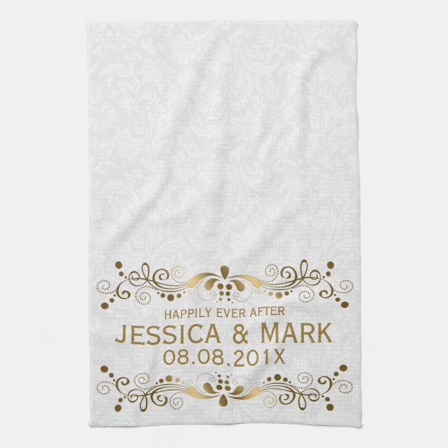 Elegant Floral Gold Lace With White Damasks 2 Tea Towel (Vertical)
