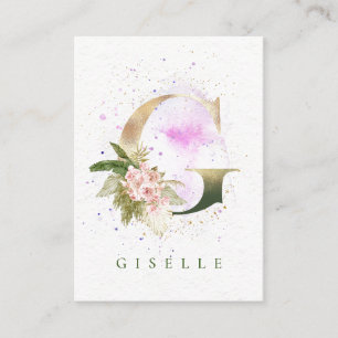 Elegant Floral Gold Letter Pink Watercolor Splash Business Card