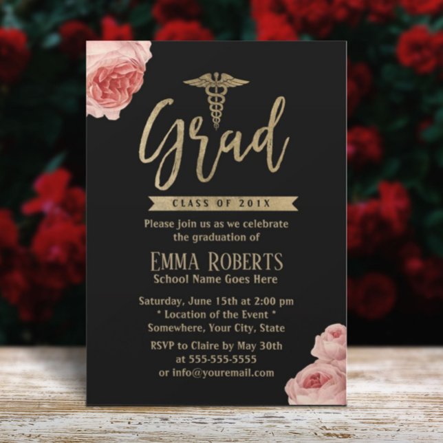 Elegant Floral Gold Medical Nurse Graduation Party Invitation (Creator Uploaded)