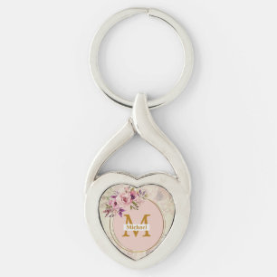 Elegant Floral Gold Monogram Heart, Name & Initial Key Ring