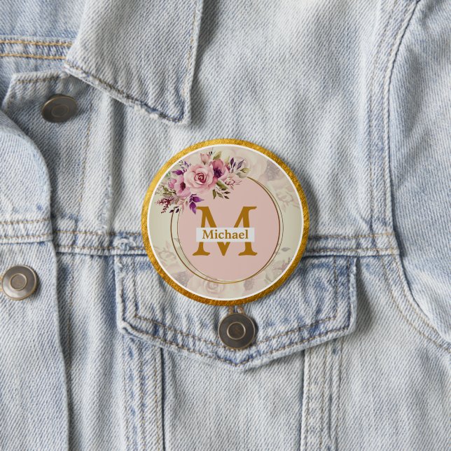 Elegant Floral Gold Monogram | Name & Initial 7.5 Cm Round Badge (In Situ)