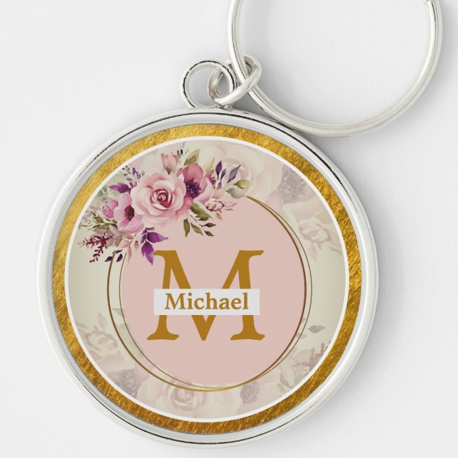 Elegant Floral Gold Monogram | Name & Initial Key Ring (Front)