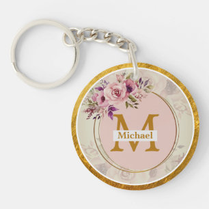 Elegant Floral Gold Monogram Name & Initial Key Ring