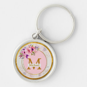 Elegant Floral Gold Monogram Name & Initial Key Ring