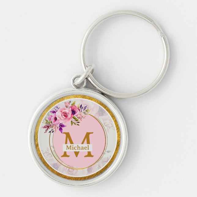 Elegant Floral Gold Monogram | Name & Initial Key Ring (Front)