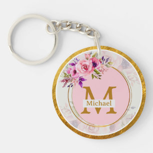Elegant Floral Gold Monogram Name & Initial Key Ring