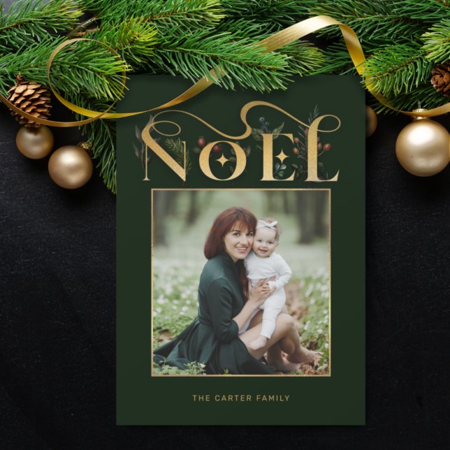 Elegant Floral Gold Noel Tyopgraphy Photo Holiday Card (Creator Uploaded)