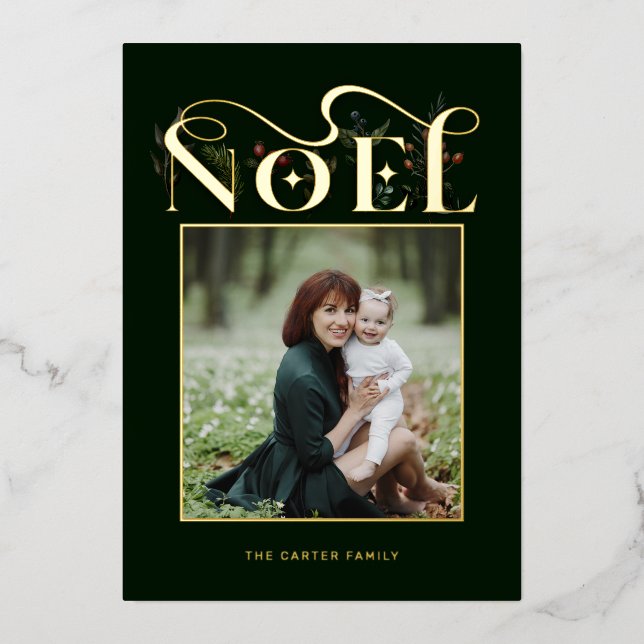 Elegant Floral Gold Noel Typography Photo (Front)