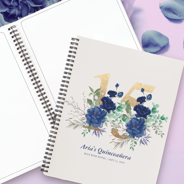 Elegant Floral Gold Number 15 Blue Guestbook Notebook (Elegant Floral Mis Quince Planner or Guest Book from my Royal Rose quinceanera collection)