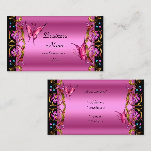 Elegant Floral Gold Pink Black Butterfly Business Card (Front/Back)