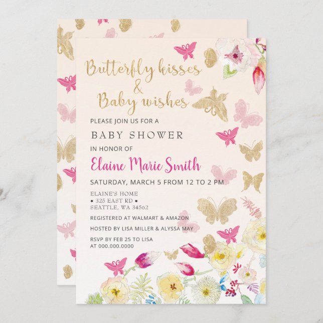 Elegant Floral Gold Pink Butterflies Baby Shower  Invitation (Front/Back)