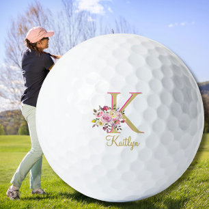Elegant Floral Gold Pink Custom Monogram Name Golf Balls