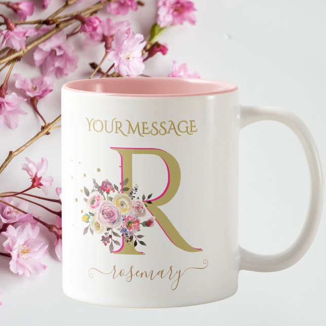 Elegant Floral Gold Pink Custom Monogram Name     Two-Tone Coffee Mug (Creator Uploaded)