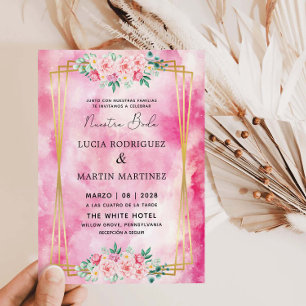 Elegant Floral Gold Pink Watercolor Nuestra Boda Invitation