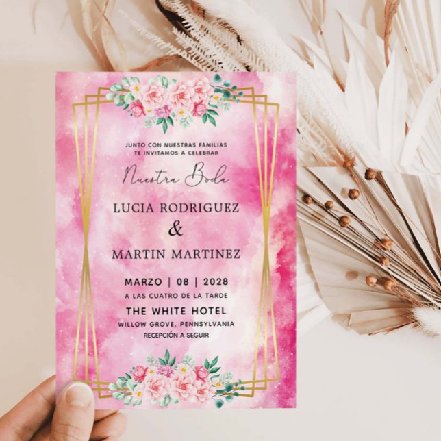 Elegant Floral Gold Pink Watercolor Nuestra Boda Invitation (Creator Uploaded)