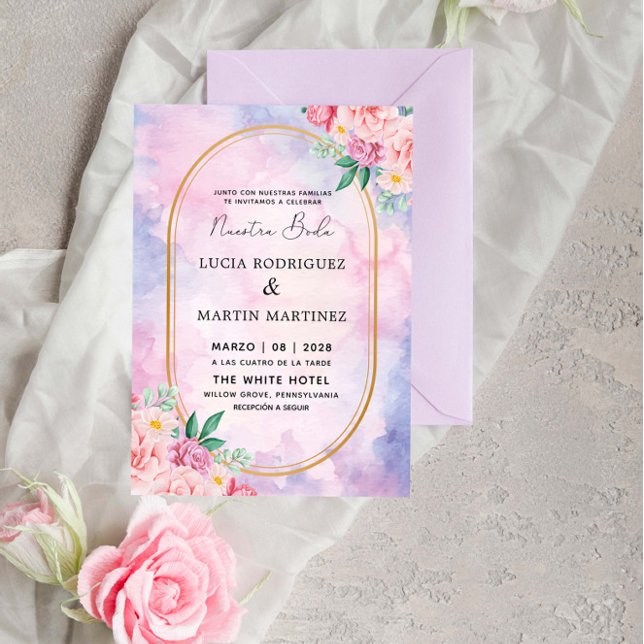 Elegant Floral Gold Purple Watercolor Nuestra Boda Invitation (Creator Uploaded)