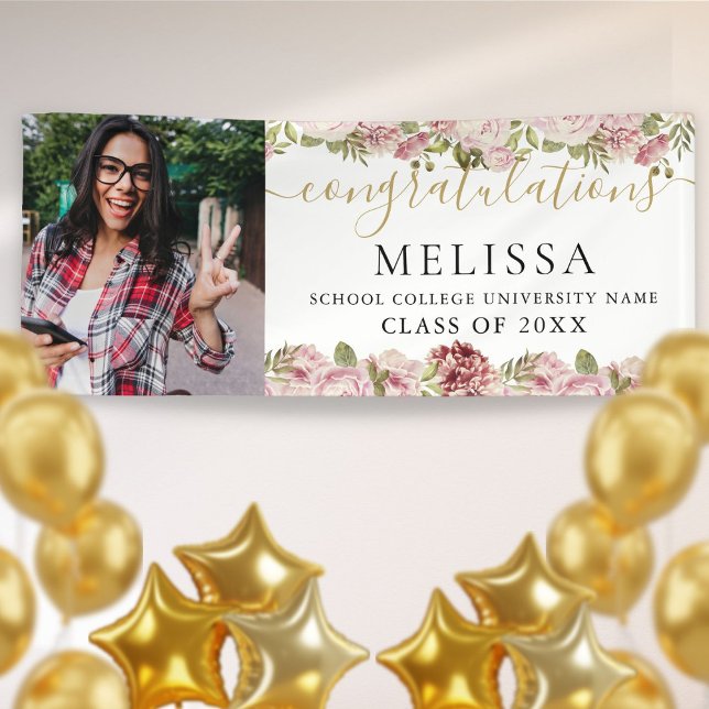 Elegant Floral Gold Script Photo Graduation Banner (Creator Uploaded)
