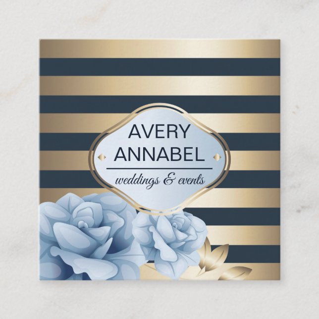 Elegant Floral Gold Stripes on midnight blue Square Business Card (Front)