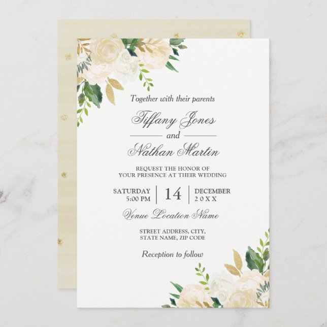 Elegant Floral Gold Watercolor Wedding Invitation (Front/Back)