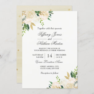 Elegant Floral Gold Watercolor Wedding Invitation