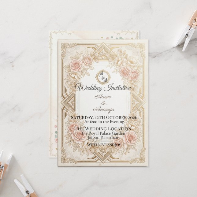 Elegant Floral Gold Wedding Invitation | Editable (Front/Back In Situ)