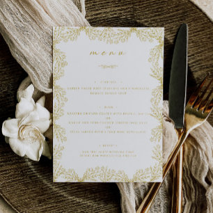 Elegant Floral Gold & White Wedding Table Dinner Menu