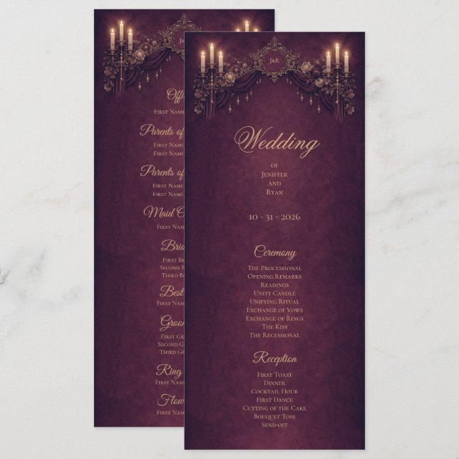 Elegant floral Gothic Halloween Wedding Program Menu (Front/Back)