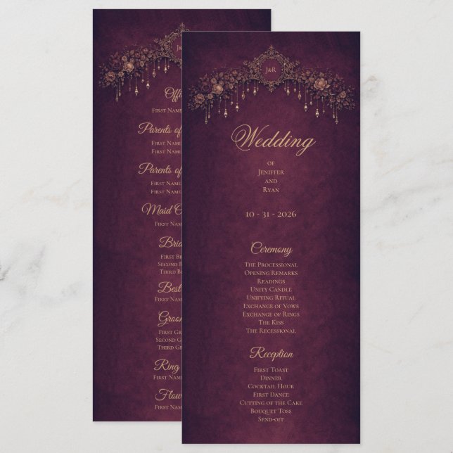 Elegant floral Gothic Halloween Wedding Program Menu (Front/Back)