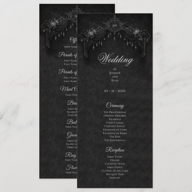 Elegant floral Gothic Halloween Wedding Program Menu (Front/Back)