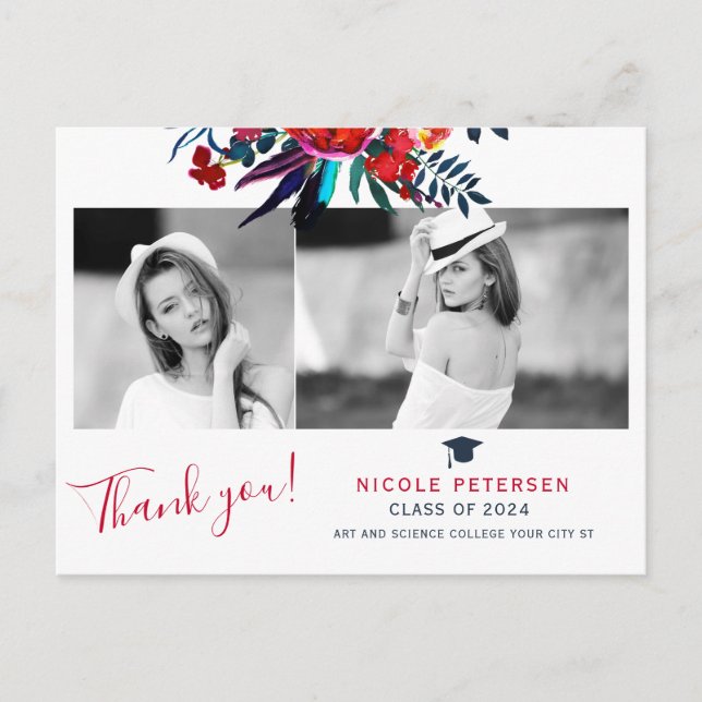 Elegant floral graduate photo graduation thank you postcard (Front)